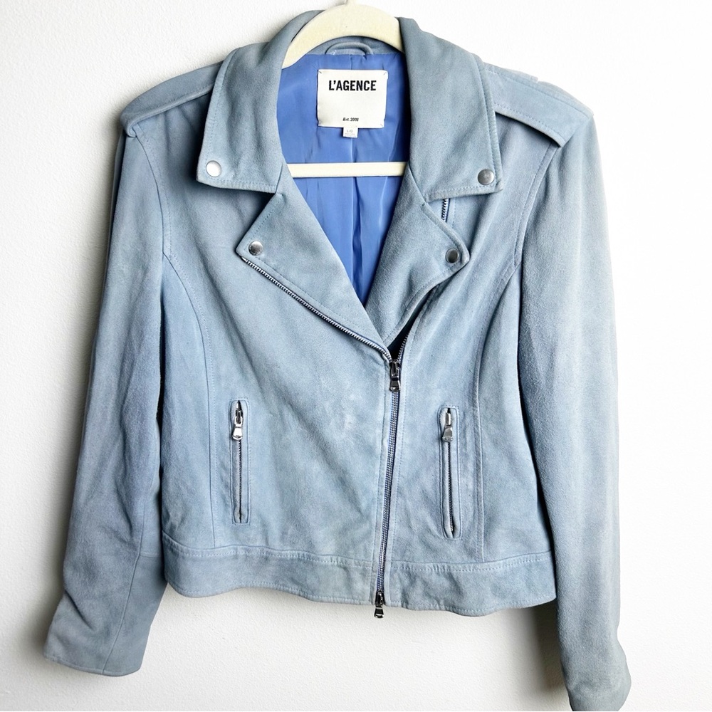 L'AGENCE Grey blue suede moto jacket goat leather size: L